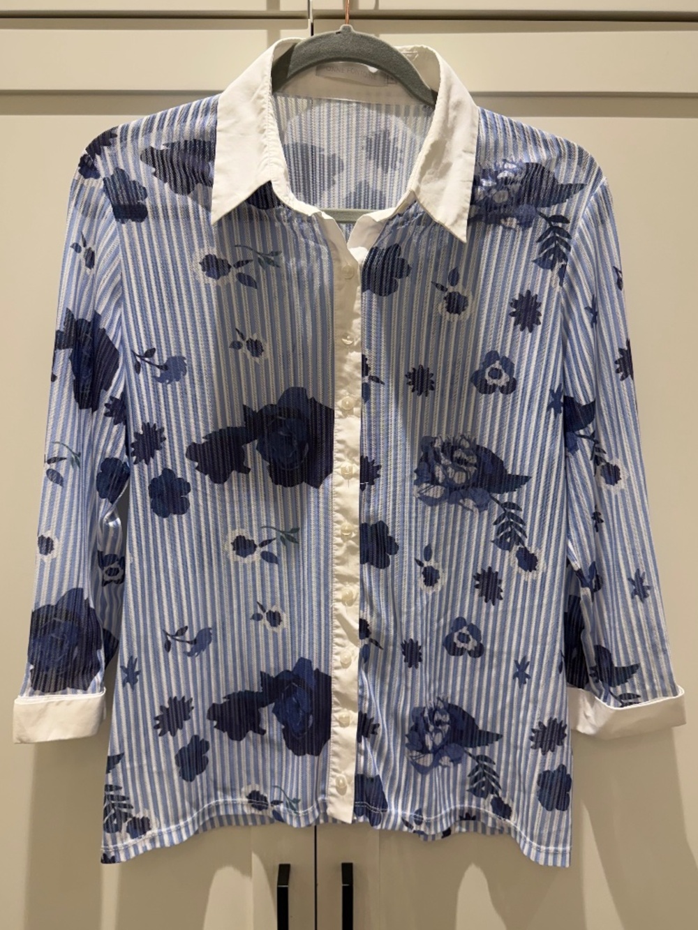 Anne Fontaine Blue Stripe Floral Button Blouse Size 44 / US 12